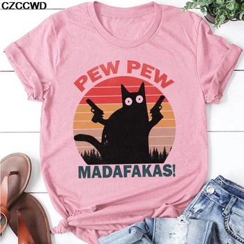 

Women's Summer Black Cat T-shirts With Guns Pink Graphic Aesthetic T-shirt Female Tops Funny Short Sleeve Fashion T-shirts Woman