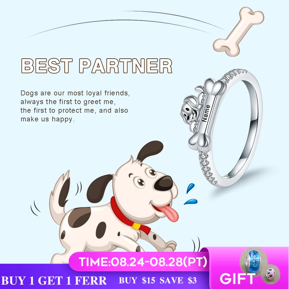 

Personalized 925 sterling silver custom name dog bone ring engraved with initial date coordinate name ring ladies men's jewelry