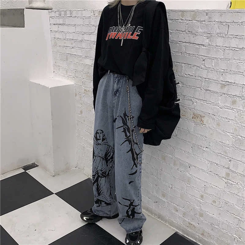 2021 New Summer Fashion Ins Street Hip-hop Printing Wash Jeans Loose Casual Denim Wide Leg Pants Tide Woman ZA4395 topshop jeans