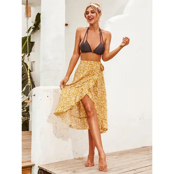 

European and American popular retro fashion short skirt ladies wild printed high waist irregular skirt