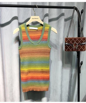 

2020 Summer Rainbow Stripe Colorblock Wool Silk Knit Tanks Sexy Slim Stretch Sleeveless Long Tank Tops