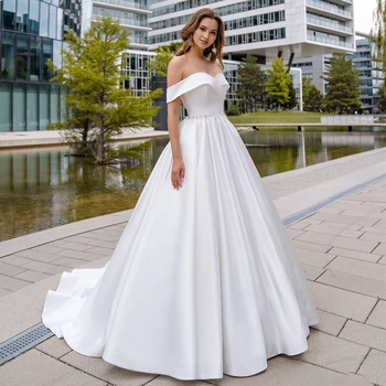 

Elegant Ball Gown Wedding Dresses Simple Off the Shoulder Sweetheart Beading Belt Draped Satin Wedding Dress Robe De Mariee
