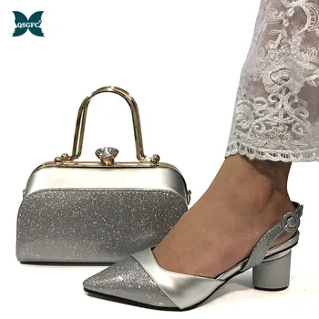 

New Arrival Italian design Shoe and Bag Set for Party In Women Nigerian Women Shoes and Matching Bags Sets in Silver Color