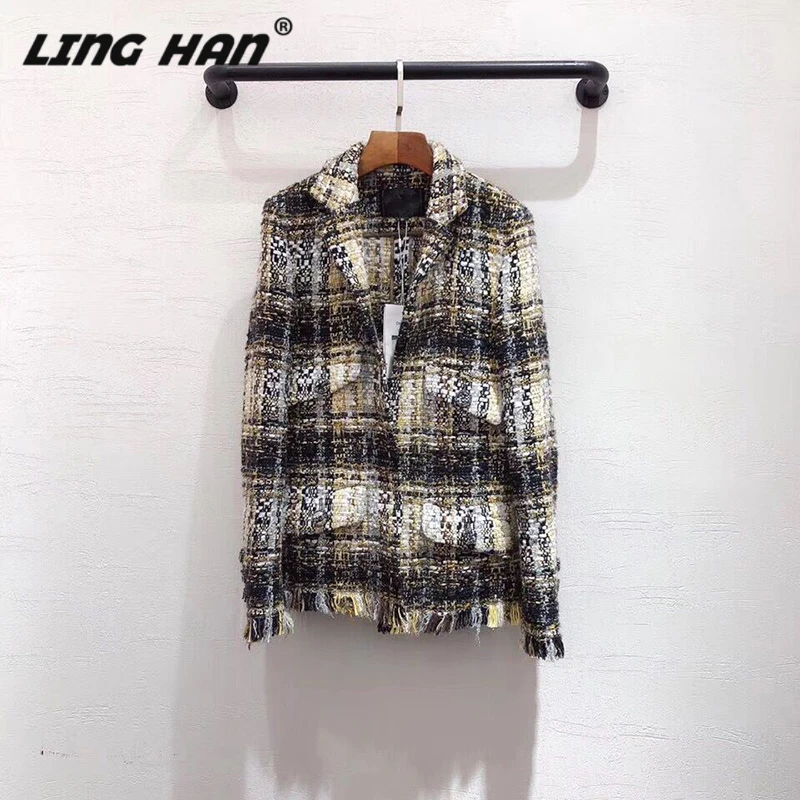 

LINGHAN Wool-blend Color line weaving tweed woven jacket 2019 high-quality casual fashion fringed woolen Suit jacket