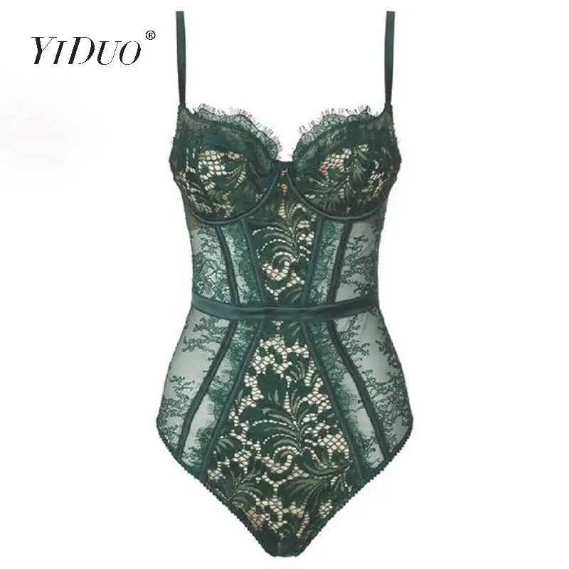 Зеленый YiDuo Green Black Hollow Out Spaghetti Strap Floral Crochet Sexy Bodysuits See Through Mesh Lace Bodysuit Women Bodycon Jumpsuit - Цвет: Зеленый