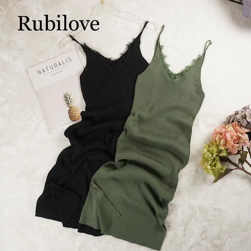 

New Women Spaghetti Strap Dresses Split V-Neck Lace Patchwork Knitted Dress Ladies Sleeveless Bodycon Tank Dress Vestidos