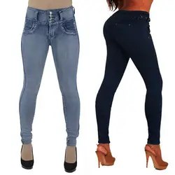 Модные джинсы женские, с высокой талией узкие джинсы из денима, тянущиеся узкие штаны до середины икры Длина джинсы Оптовая Продажа