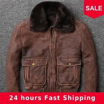 

2020 Vintage Brown Men Pilot Leather Jacket Wool Collar Plus Size XXXXXL Genuine Thick Cowhide Military Flight Coat