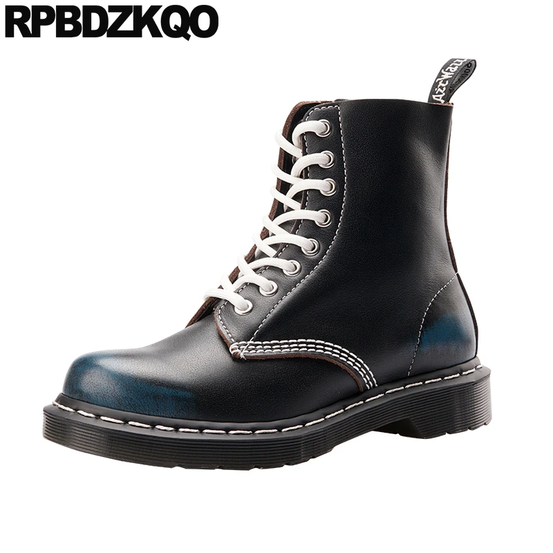 Zapatos de combate con cordones del ejército para botas de cuero genuino hechas a mano, de grano completo, militares, tobilleras planas, antideslizantes, color negro, otoño|Botas de motocicleta| AliExpress