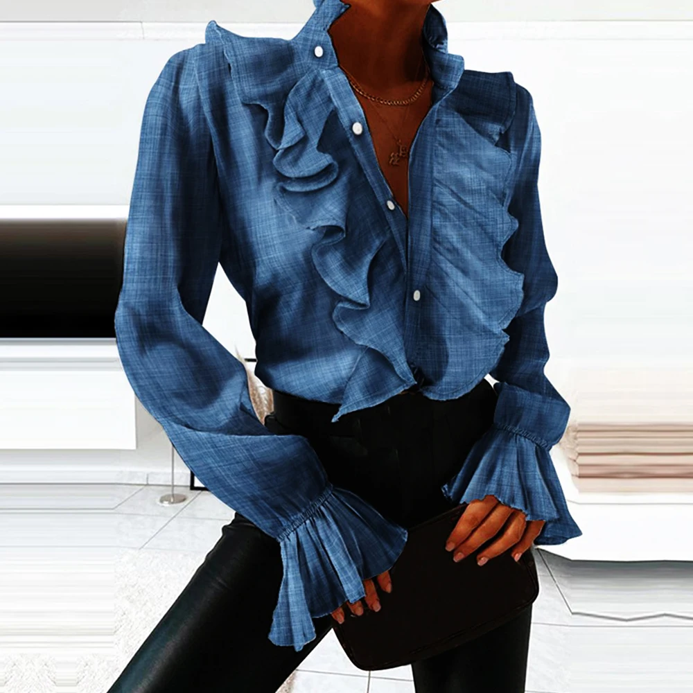 

Denim Shirt Women Simple Casual V-neck Ruffles Long Sleeve Loose Blouses 2020 Autumn Solid Female Tops