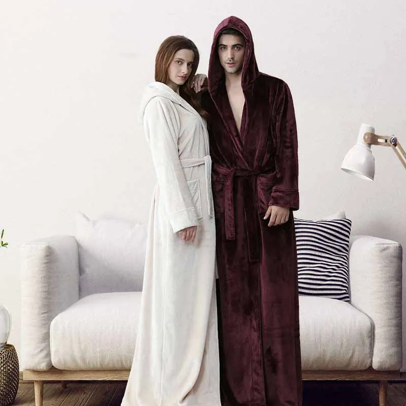 Lovers Women Men Hooded Extra Long Flannel Bath Robe Thick Warm Winter Kimono Bathrobe Bridesmaid Dressing Gown Cardigan Robes