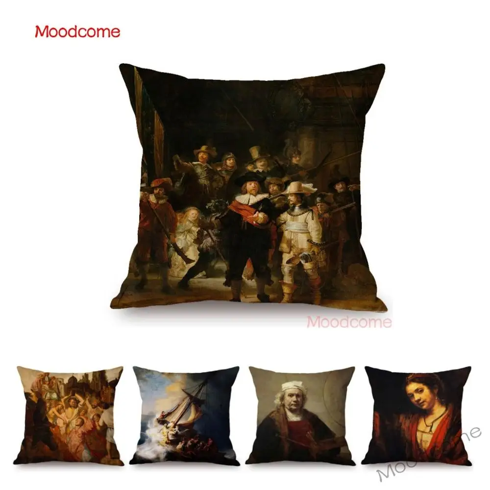 

Home Decorative World Famous Oil Painting Throw Pillow Case Dutch Artist Rembrandt The Night Watch Storm Linen Cuchion Cover