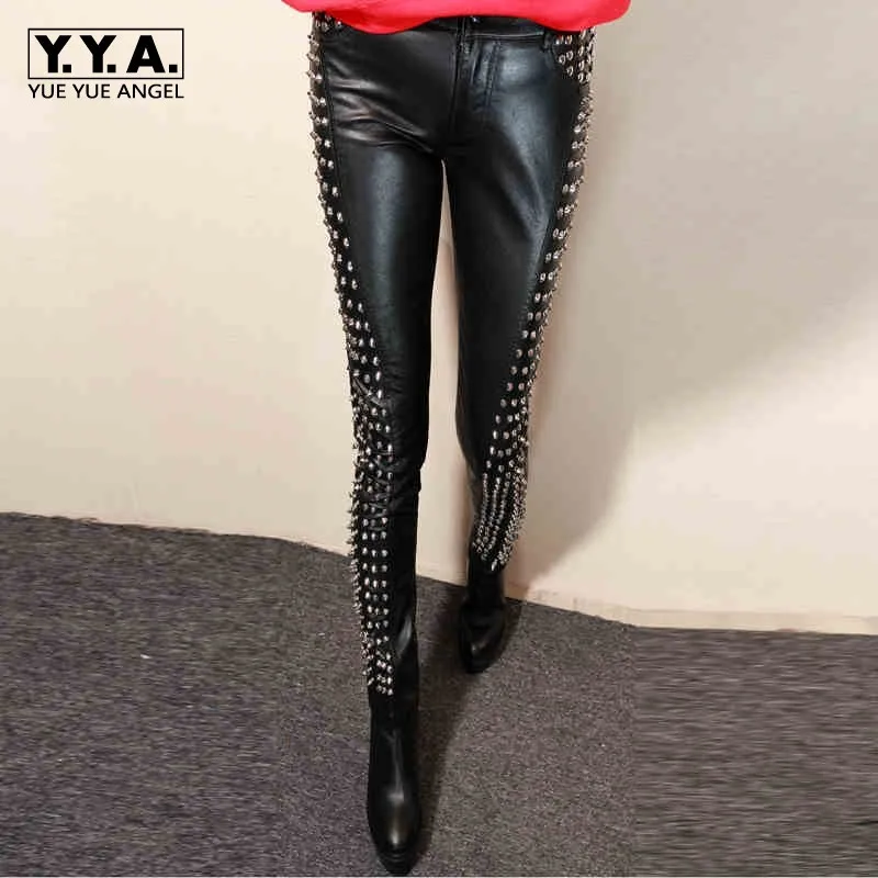 Europese Punk Stijl Klinknagel Pu Lederen Broek Mode Solid Womens Slim Fit Skinny Broek Vrouwelijke Herfst Hoge Taille Potlood Broek Europese Punk Stijl Klinknagel Pu Lederen Broek Mode Solid Womens Slim Fit Skinny Broek Vrouwelijke Herfst Hoge Taille Potlood Broek