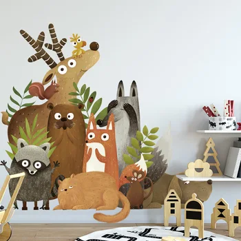 

Forest Animal Wall Stickers for Living Room Children's Room Kindergarten Cartoon Wall Decor Deer Fox Dog Cat Wallpaper