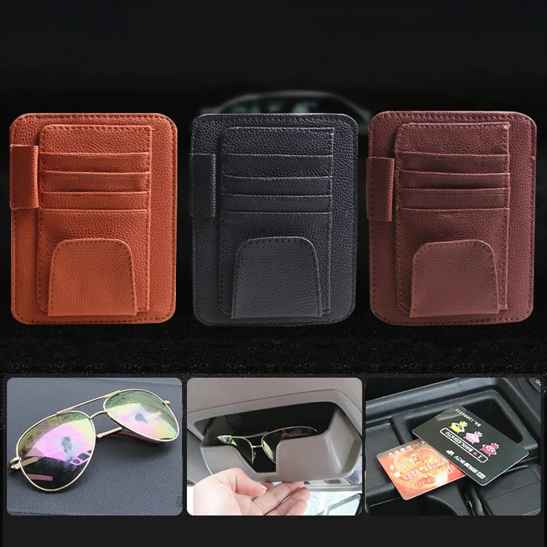 3 Color PU Car ID Storage Pen Bag With Vehicle Sun Visor Sunglasses Eyeglasses Glasses Holder Storage Clip Credit Card Package