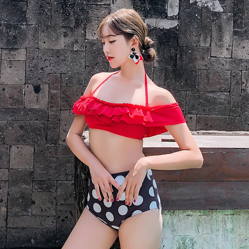 

2018 New Style Horizontal Neck Exposed Shoulder Black And White Dots Swimming Trunks Thailand Retro High-waisted Bikini Two-piec