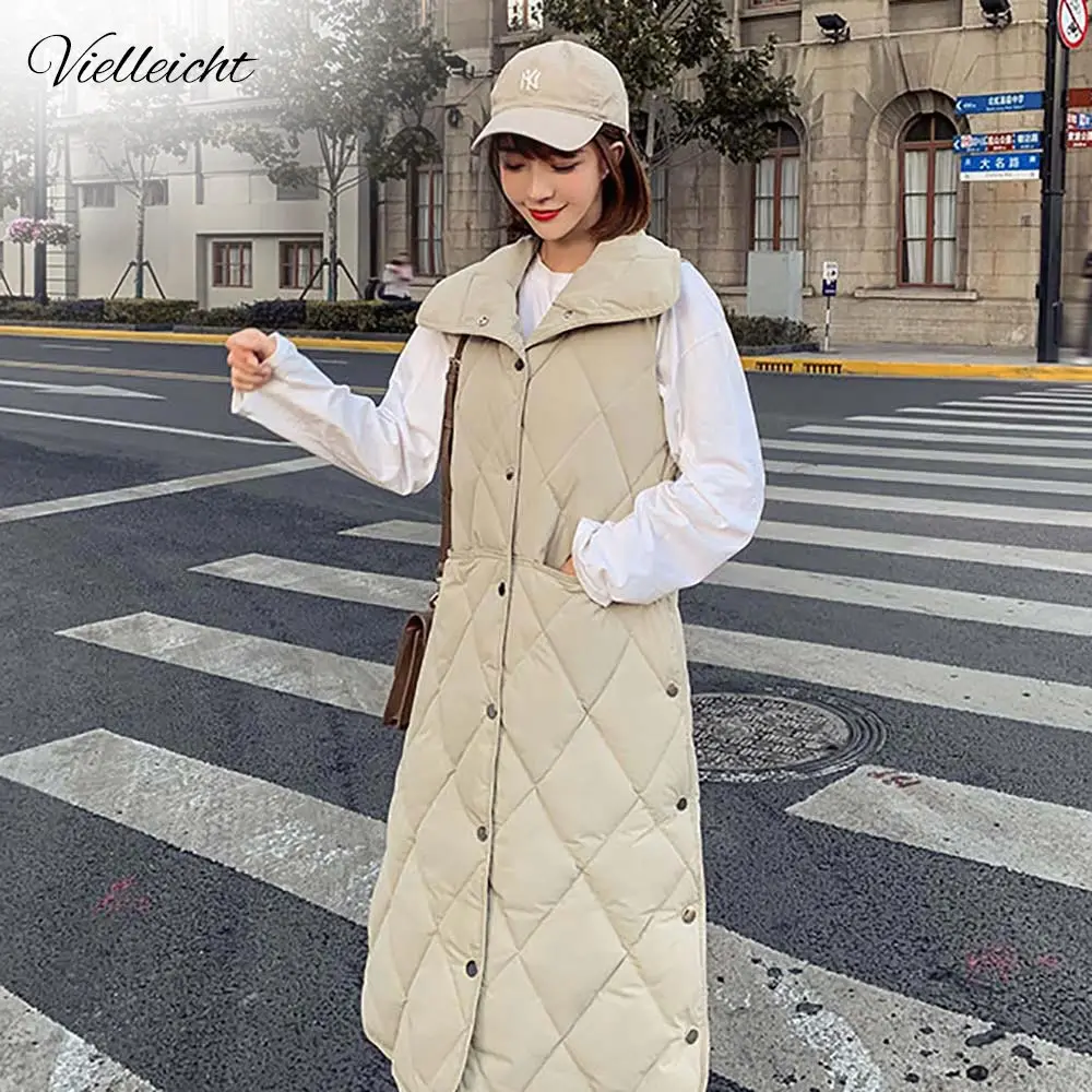 Vielleicht New Winter Long Vest Women Fashion Turn-down Collar Pockets For Female Casual Solid Cotton Padded Waistcoat