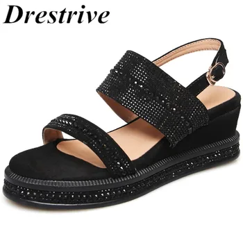 

Drestrive Women Sandals Crystal Wedges 5 cm Buckle Platform 2020 Fashion Dress Girls Casual Shoes Big Size 42 Kid Suede Black