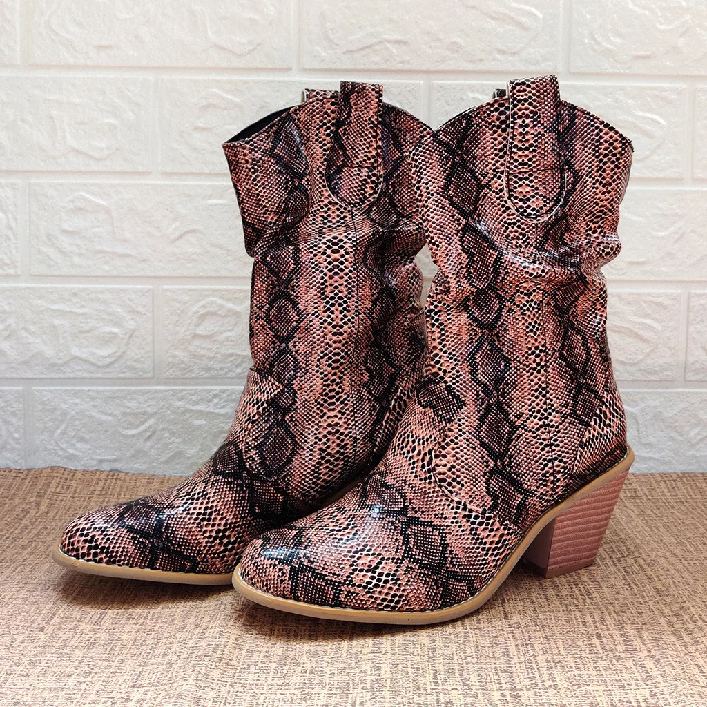 PU Leather Snake Grain Boots Round Toe Slip-On Square Heels wild vintage Women Boots British Style Round chunk heels shoes lady