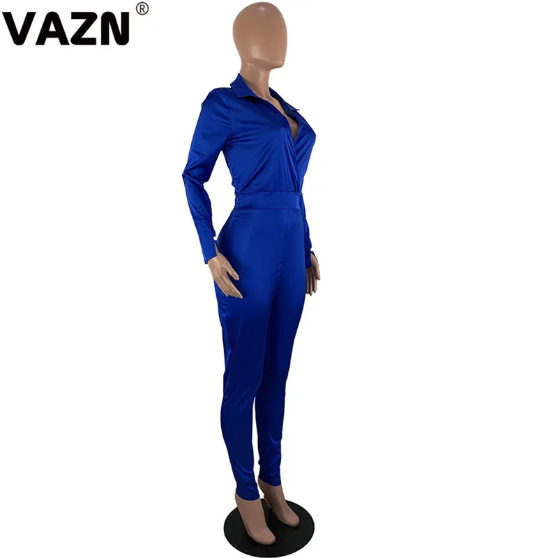 VAZN MOY5136 Bright Rose Red Solid Bodycon Long Pants Sexy Women Jumpsuits Tide V- Neck Long Sleeve Tracksuits Long Romper