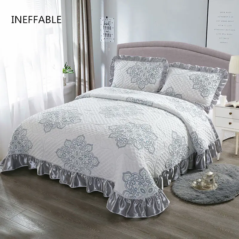 

100% cotton Quilted Navy gray Bedspread Bed Cover Bed Sheet size 230x245cm/245x265cm blanket Pillowcases 3pcs