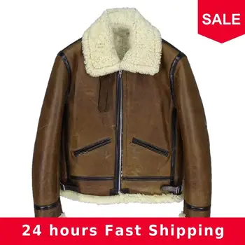 

2020 Brown Men B3 Bomber Pilot Shearling Coat Plus Size XXXXL Genuine Sheepskin Russian Winter Thick Aviator Shearling Jacket