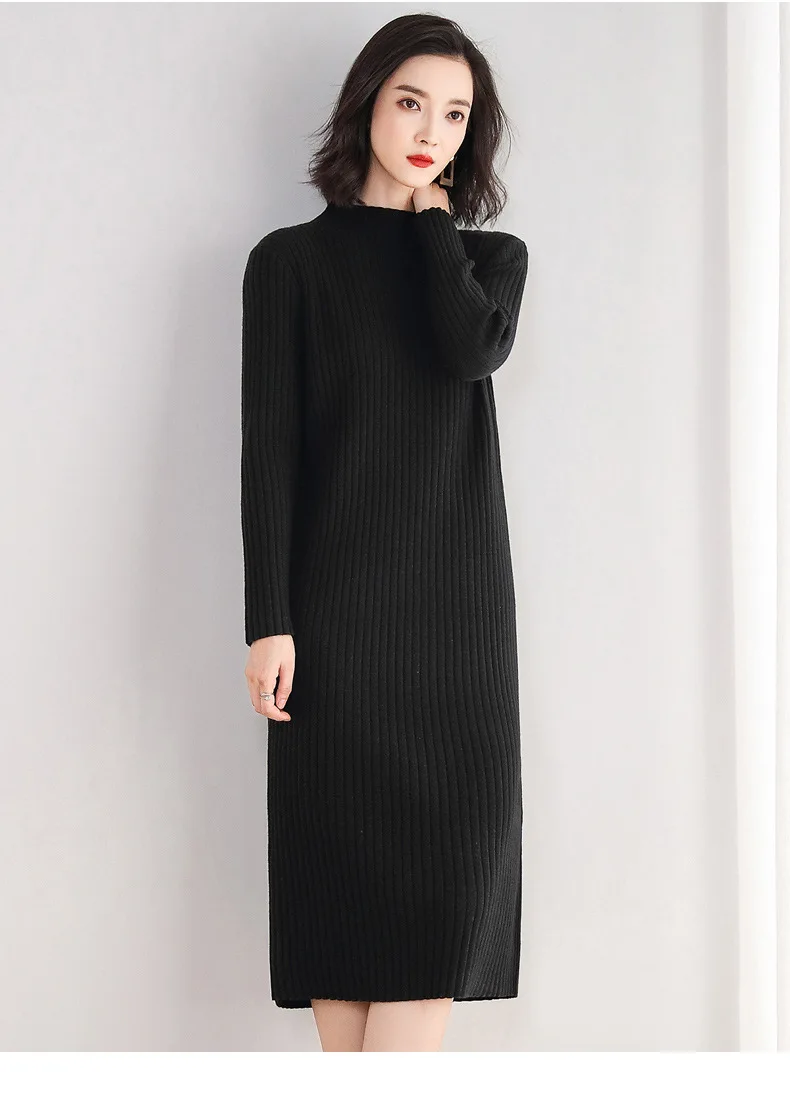 INNASOFAN knitted dress women Autumn Winter long-sleeved dress Euro-American fashion elegant half-high collar dress solid color