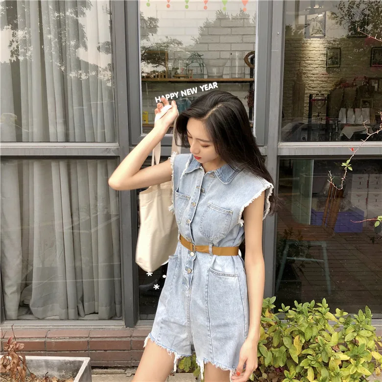 Харадзюку Ripped Denim комбинезон женский с дырками Облегающий комбинезон короткий шикарный комбинезон с бахромой летние джинсовые комбинезоны AQ908