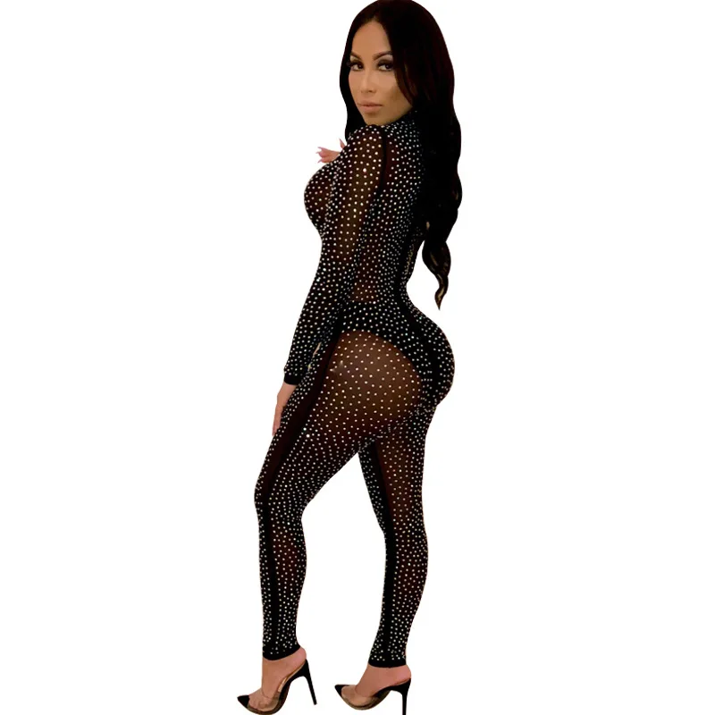 LEOSOXS 2020 Sexy Bodycon Long Sleeve Jumpsuits Fashion Black Romper Skinny Double Zipper Overalls Femme