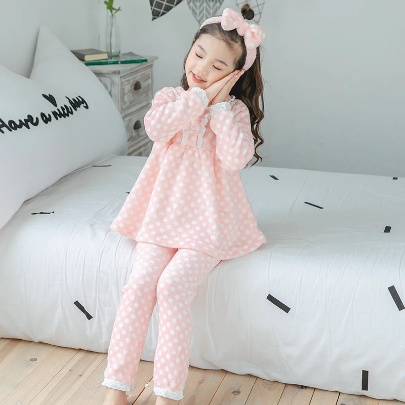 Conjunto de pijama de franela para niña, ropa de dormir de manga larga con estampado de 3 a 12 años, para el hogar, regalos para el Día de los niños|Sets de