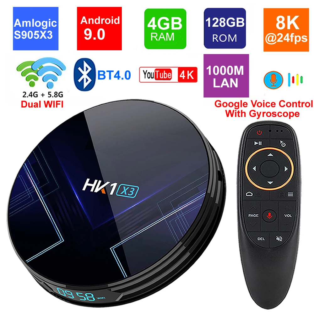 HK1 X3 Android 9,0 Smart tv BOX Amlogic S905X3 4 Гб ОЗУ 128 Гб 5G Wifi BT4.0 1000M LAN USB3.0 H.265 8K ТВ-приставка медиаплеер