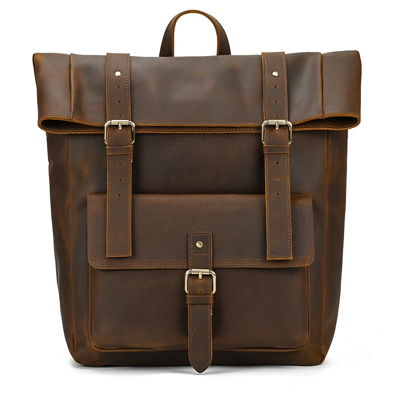 Genuine Leather 17 Laptop Backpack Travel Roll Top Rucksack
