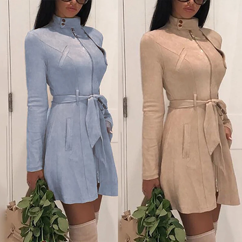 

New 2019 Fashion Office Lady Autumn Winter Dress Solid Stand Collar Long Sleeve Women Dress Plus Size Casual Vestidos With Belt