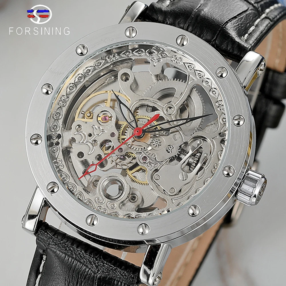 

Forsining Silver Skeleton Wristwatches Black Red Pointer Black Genuine Leather Belt Automatic Watches for Men Transparent Watch
