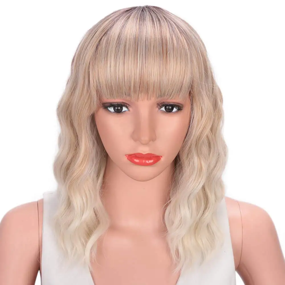 

Stamped Glorious 14inches Natural Wave Short Wig Ombre Black Blonde With Bangs Heat Resistant Synthetic Wigs for Black Women