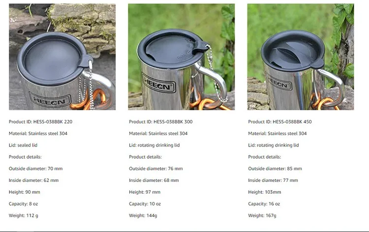 HEECN 双层户外徒步野营便携不锈钢水杯带登山扣HESS038BBK黑标-14