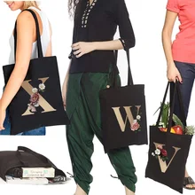Shopping Bag Golden Letter Pattern Large Capacity Women Fashion Travel Canvas Bags College Handbag High Quality Shopper Bags