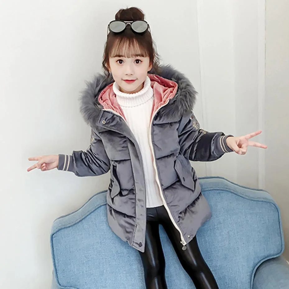 New Girls Down Coats Flower Embroidery Girls Parkas Hooded Fur Collar Girls Down Jackets Fashion Winter Warm Clothes For Girls - Цвет: As Picture