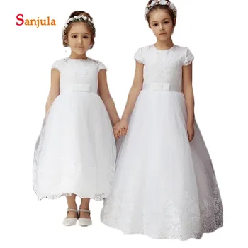 

Cap Sleeve Lace Flower Girls Dresses Long O-Neck First Communion Tulle Dresses with Bow robe mariage enfant fille D1257