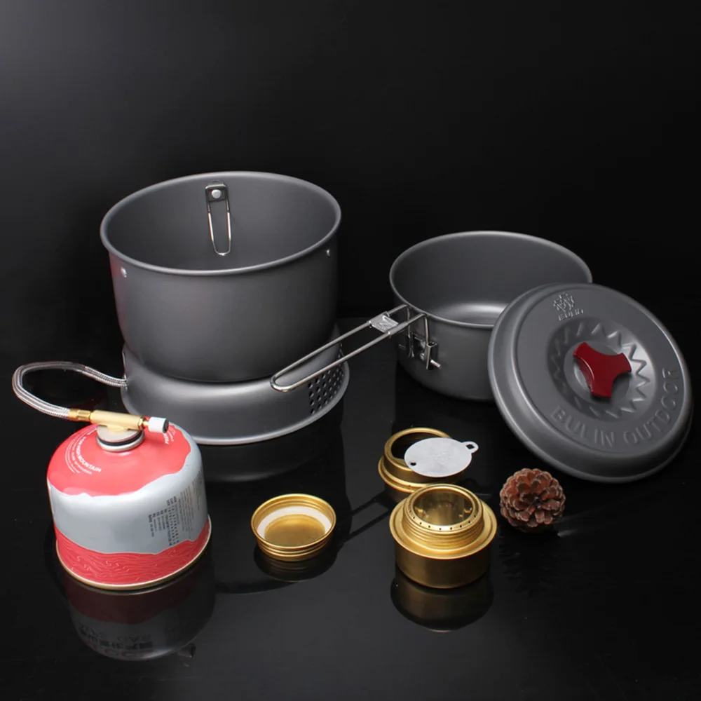 

5 PCS Outdoor Camping Cooking Set Portable Cookware Cookout Utensil Gas Alcohol Stove Set Windproof Boiler Cradle Pots