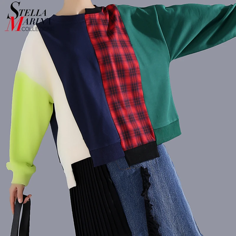 * New Women Autumn Winter Long Sleeve Pullover Sweatshirt Korean Style Multiclor Patchwork Lady Casual Oversized 5923 |