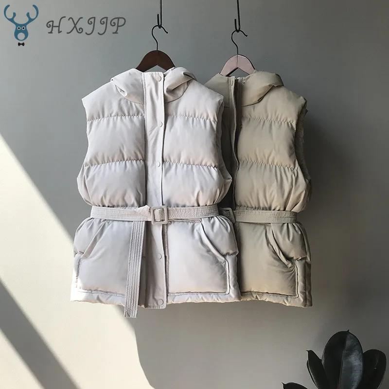 HXJJP Women Vest Winter Jacket Pocket Hooded Coat Warm Casual Cotton Padded Vest Female Slim Sleeveless Waistcoat Belt In Stock