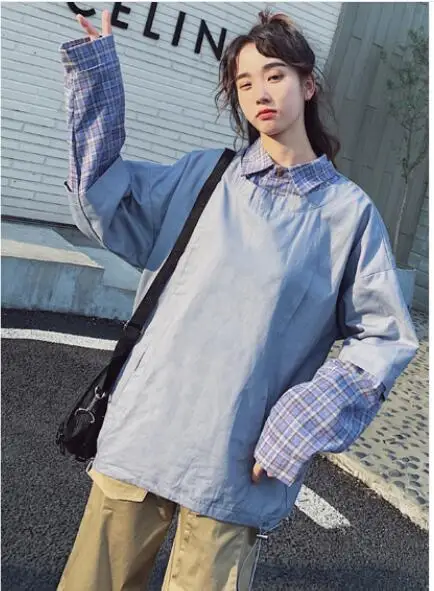 blue female top Одинаковая одежда для влюбленных; повседневные корейские футболки для пары в консервативном стиле; праздничная одежда для свиданий; лоскутный клетчатый топ из двух предметов - Цвет: blue female top
