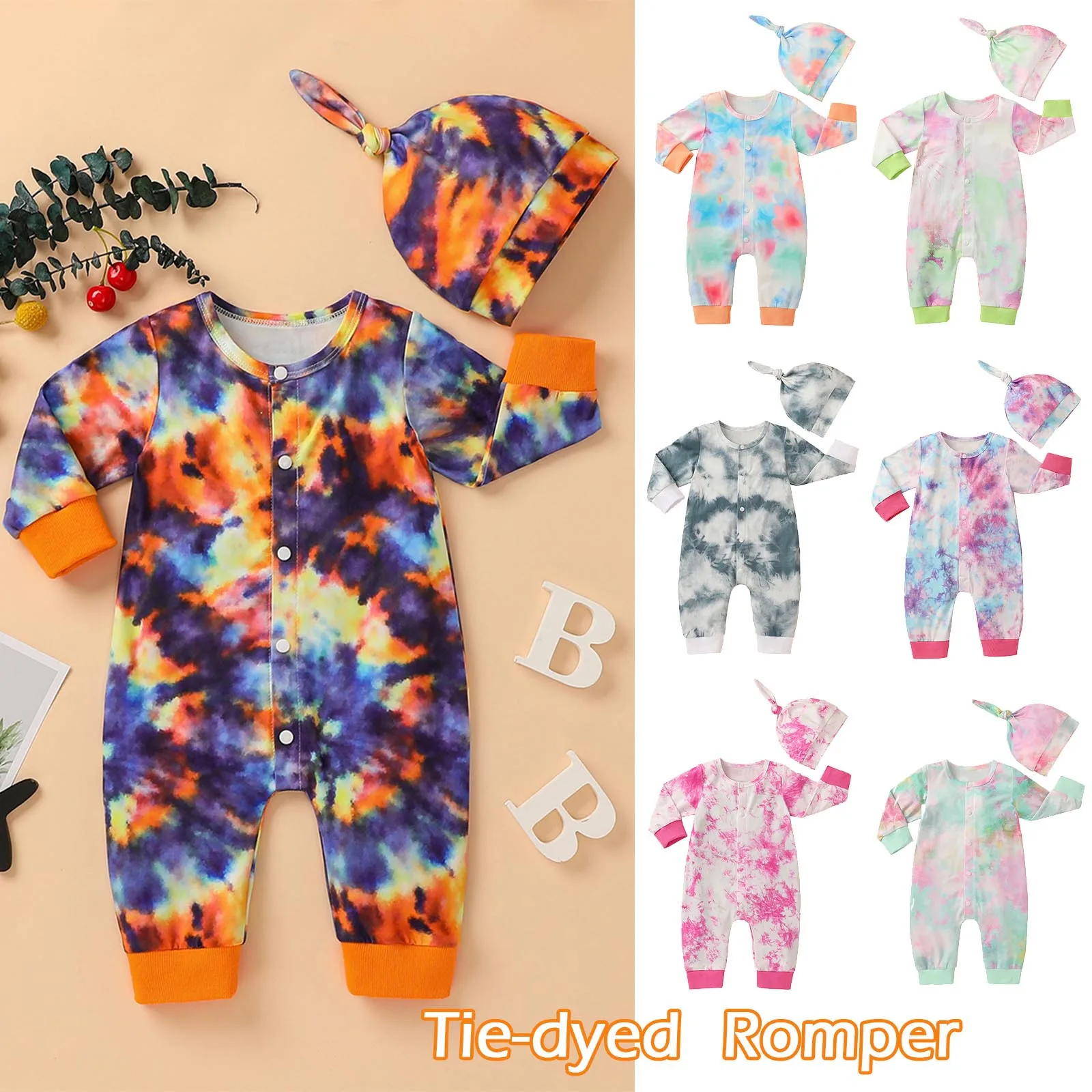Baby Clothes Baby Clothes Girls Sets Boys Romper Long Sleeve Tie-dyed Jumpsuits Clothes Overalls With Hat детская одежда 1