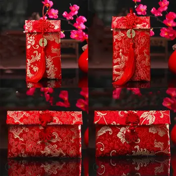 

Brocade red envelope Chinese New Year birthday red envelope knot silk cloth Chinese red envelope tassel dragon phoenix wedding k