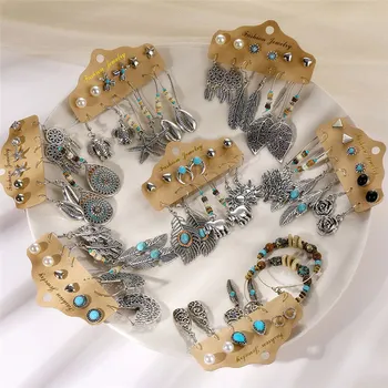 

Vintage Silver Color Leaf Elephant Moon Pearl Earrings Set Women Round Circle Wood Beads Feather Dangle Earrings Ethnic Jewelry