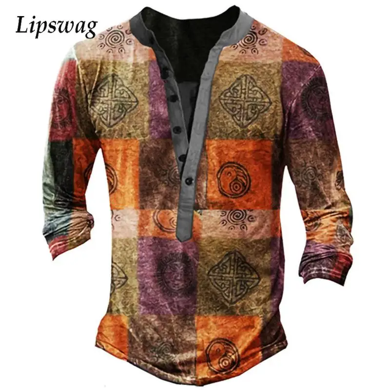 Casual Mens T-shirts Spring Autumn Vintage Plaid Printing Long Sleeve Men Tee Shirt Fashion Loose Buttoned V-Neck Tops Pullovers | Мужская