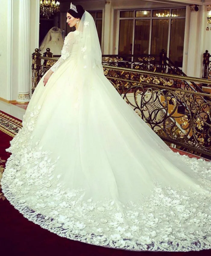 Роскошное свадебное кружевное платье с объемным цветком в Дубае, бисерные мусульманские свадебные платья с длинными рукавами, бальные платья, халат De Mariee