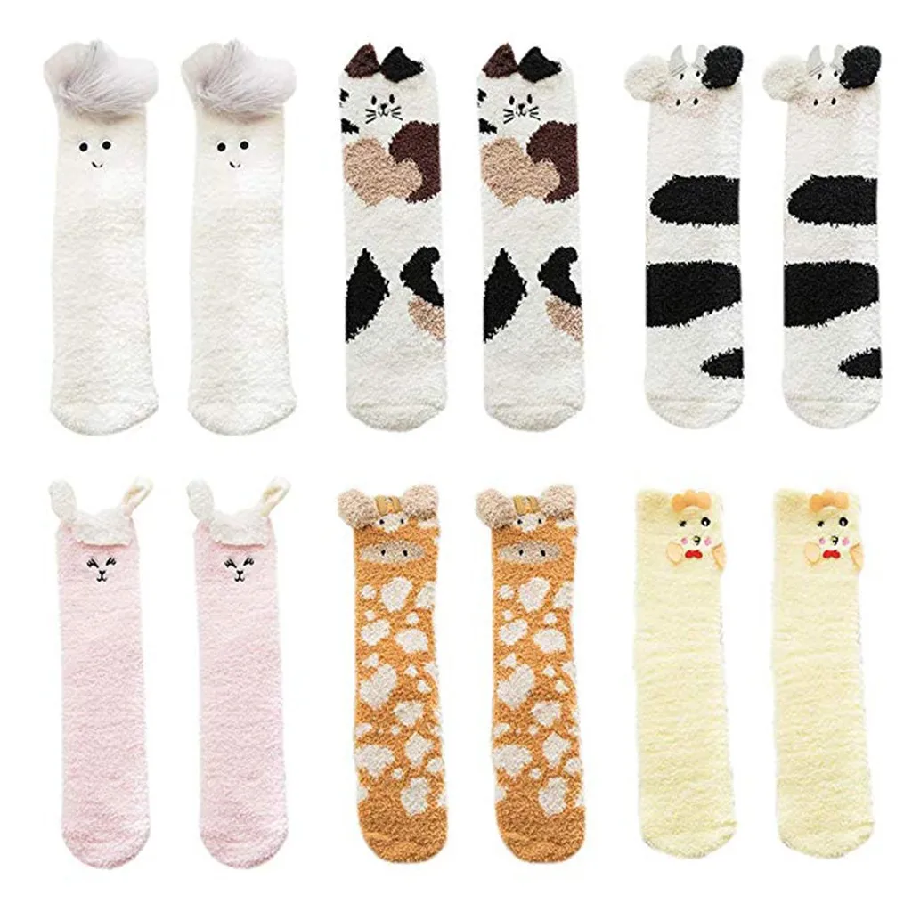 Модные носки женские коралловые бархатные трехмерные носки с начесом в виде животных осенние и зимние толстые теплые носки для сна