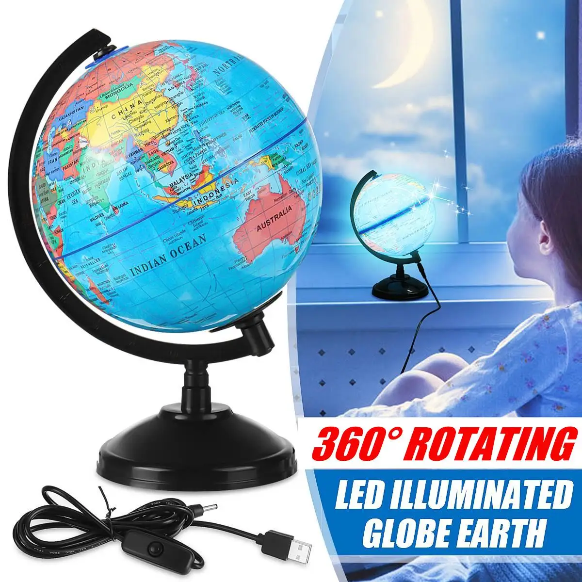 World Earth Globe Map Geography Education Gift Rotating Stand LED Desk Lamp Toys 